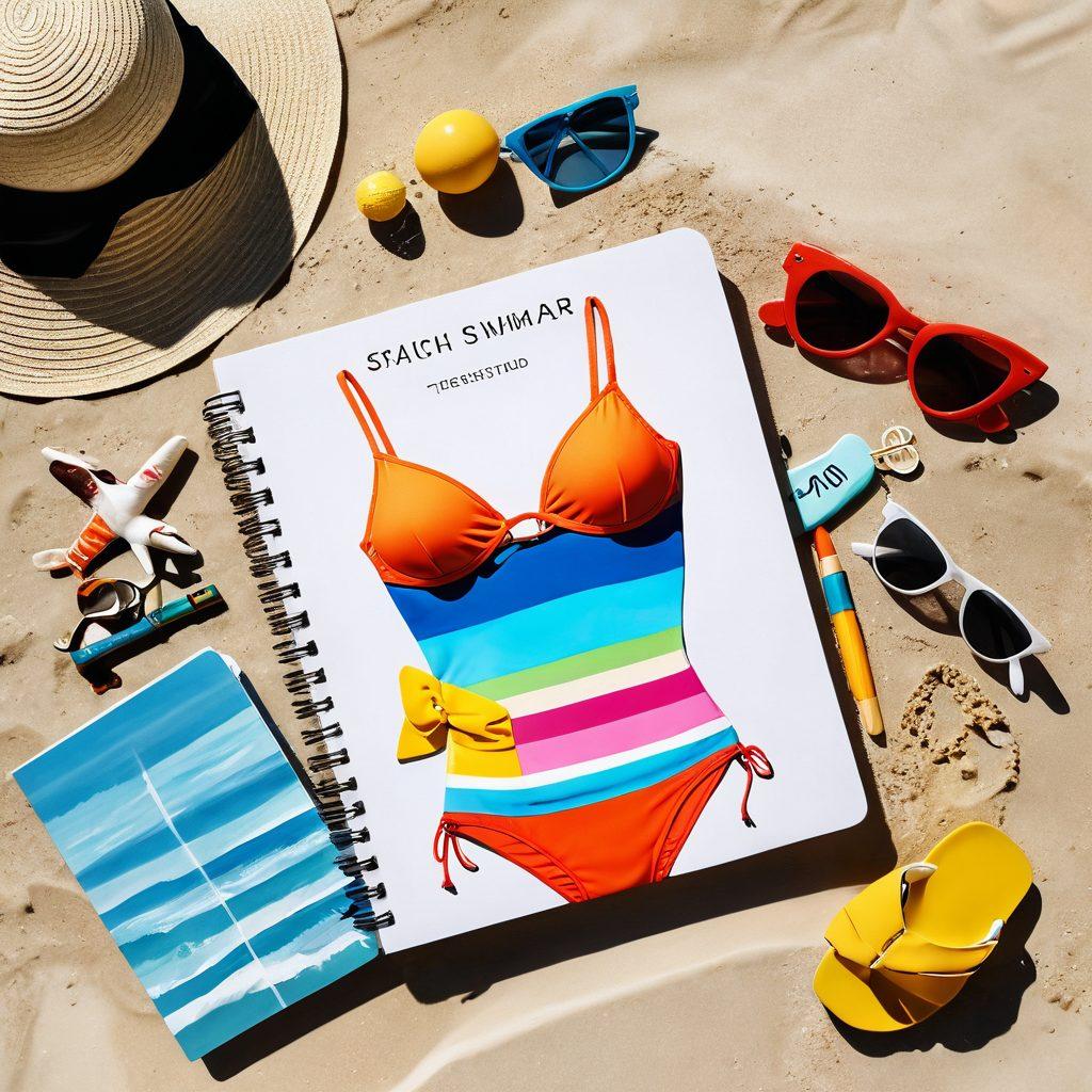 A chic beach scene featuring stylish swimwear hanging by a sunlit shore, with a vibrant selection of swimwear designs and colorful accessories. Incorporate a notebook with fashion notes and a pen casually placed in the sand, alongside a stylish pair of sunglasses. The backdrop of the ocean should reflect a sunny day with gentle waves lapping at the shore. Elements of playful typography highlighting swimwear trends and grammar tips scattered around. super-realistic. vibrant colors. sunny atmosphere.