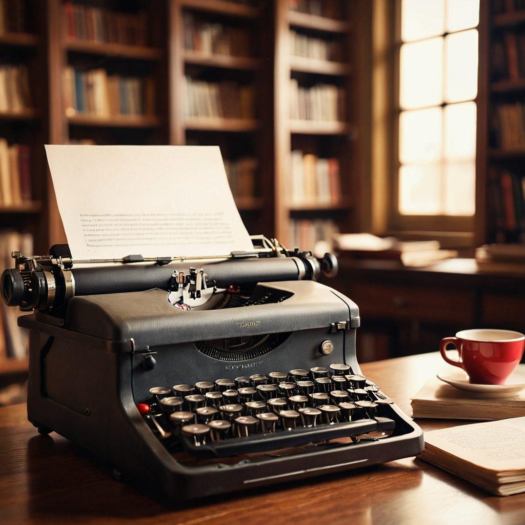A close-up of a vintage typewriter with scattered pages filled with grammar notes and red ink corrections. In the background, a cozy library filled with books and a steaming cup of coffee on the side. A soft, warm light illuminates the scene to create an inviting atmosphere. super-realistic. warm colors. soft focus.